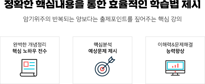 정확한 핵심 내용을 통한 효율적인 학습법 제시. 암기 위주의 반복되는 양보다는 출제 포인트를 짚어주는 핵심 강의