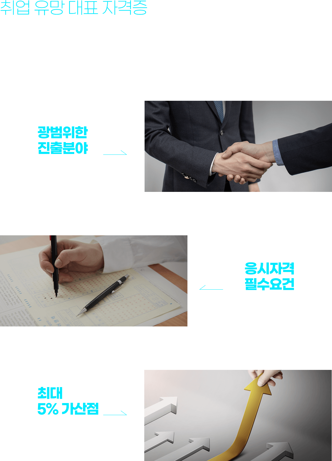 취업 유망 대표 자격증 위생사 자격증을 추천하는 이유 / 01 학교, 군대, 병원, 보건소, 유치원 외 기업, 관공서, 교육 연구기관 등 광범위한 진출분야 / 02 식품위생직, 영양교사 임용고시 응시자격 필수요건 / 03 식품위생직, 보건직 공무원 최대 5% 가산점