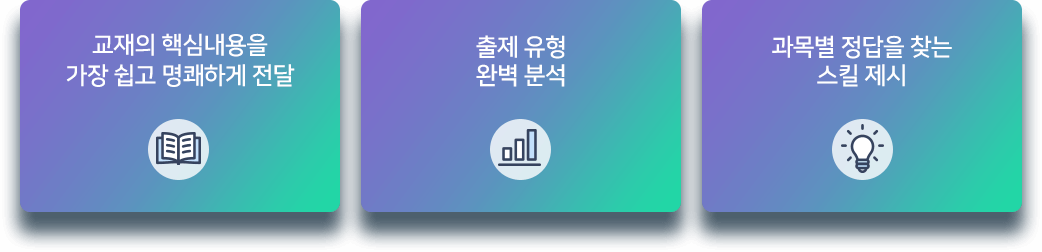 교재의 핵심내용을 가장 쉽고 명쾌하게 전달, 출제 유형 완벽 분석, 과목별 정답을 찾는 스킬 제시